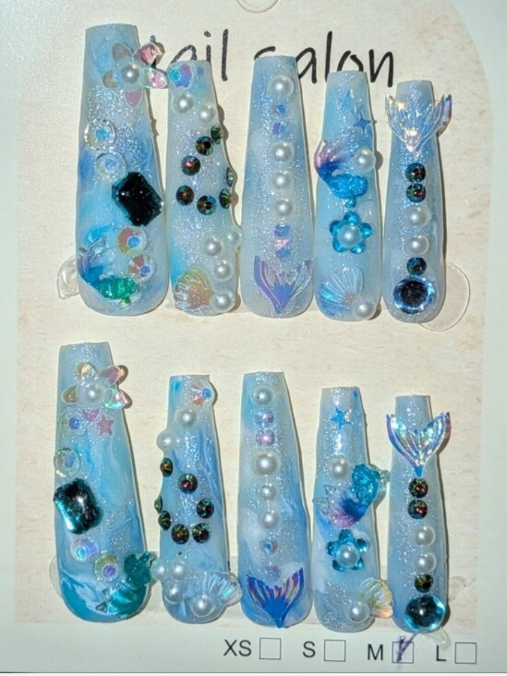 Hand Crafted Iridescent Light Blue Mermaid Pearl Coffin Press-On Nails 2xl Sz M